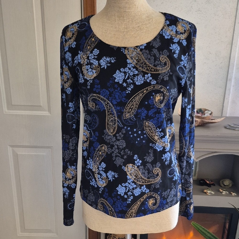 Casual Corner Black and Gold Paisley Floral Blouse